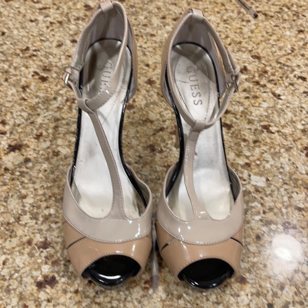 Guess Women's Tan and Black T-Strap Heels